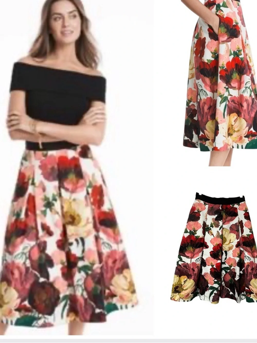 White House Black Market pleated poppy floral midi skirt